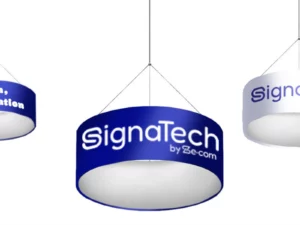 Enseigne suspendue ronde pour salon et show room - PLV textile